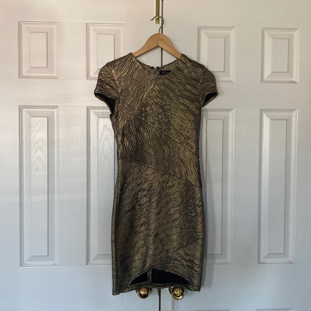 Torn by Ronny Kobo gold short-sleeved shirt dress, size small, metallic ribbed